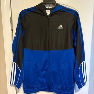ADIDAS-YL Blue & Black Athletic Hooded Windbreaker Jacket
